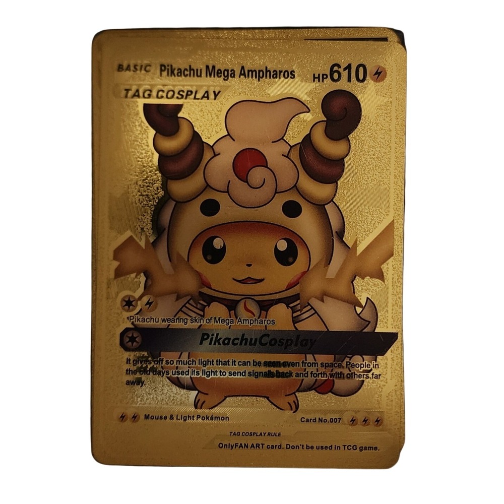 Pokemon Pikachu Mega Ampharos Gold Metallic Foil Card Cosplay Fan Art Custom TCG